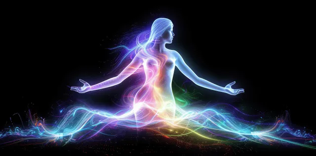 Silhueta feminina semitransparente flutua com uma aura de energia arco-íris e ondas de luz fluidas sobre um fundo preto.