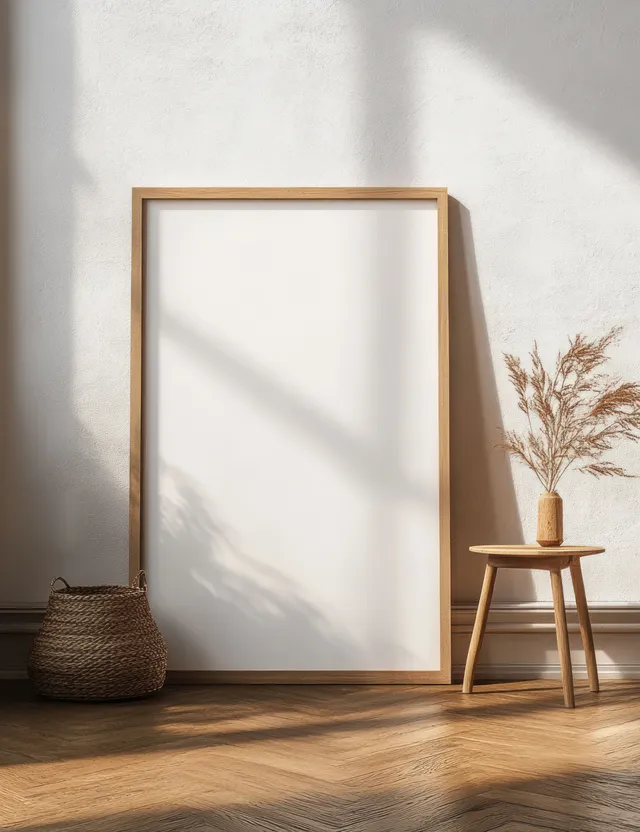 Minimal wooden picture frame canvas mockup leaning indoors with soft natural sunlight shadows