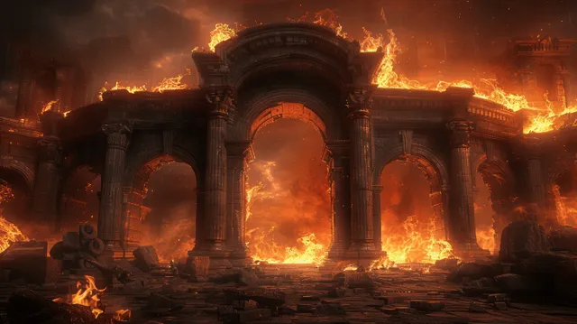 Ancient stone gate with multiple burning arches and towering flames erupting inside a ruined fantasy entrance.