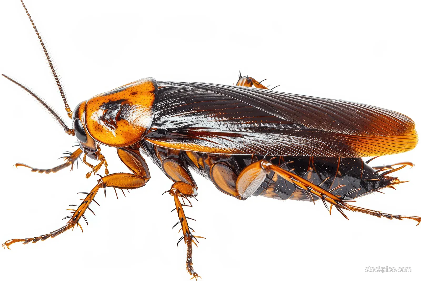 Brown cockroach in sharp macro detail isolated on a plain white background.