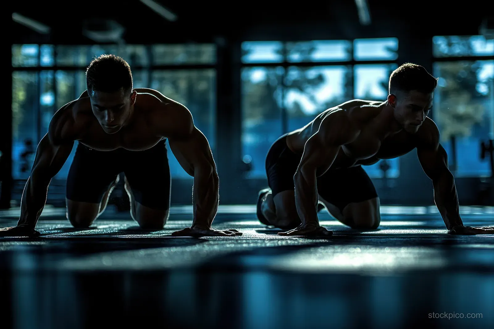 Fitness couple crouched in push-up positions high-fiving on a gym floor under dramatic lighting.