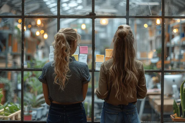 Two young businesswomen discuss project plans by pointing at colorful sticky notes on a glass window.