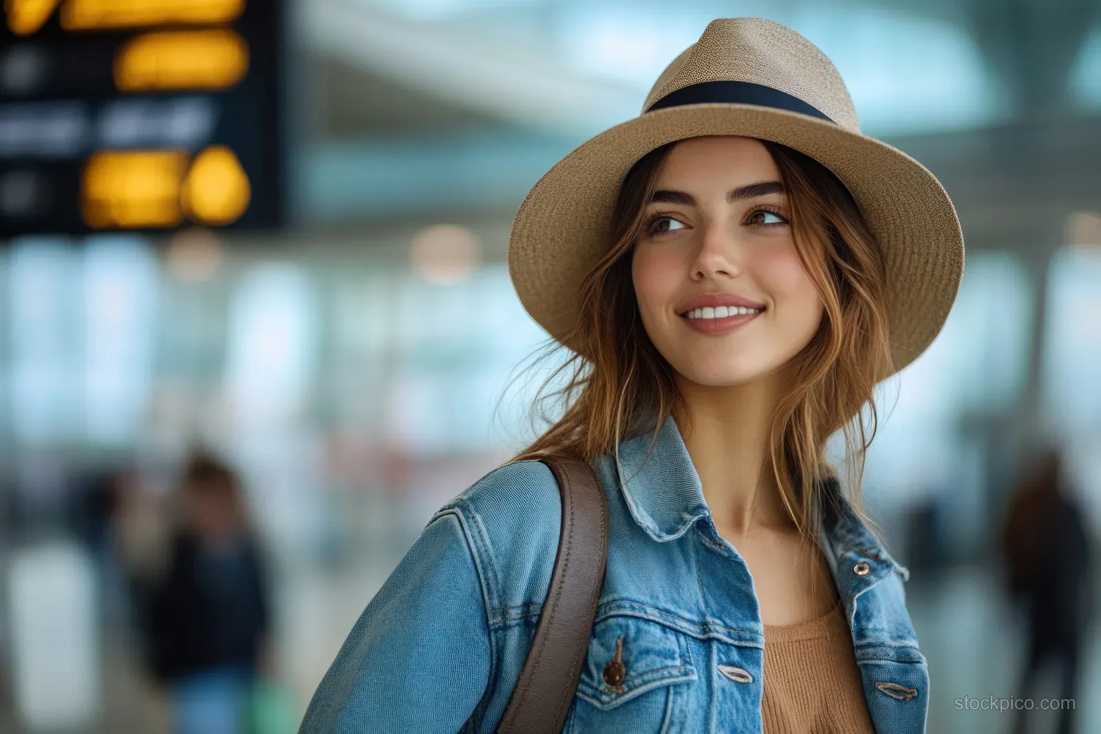 Young woman in a denim jacket and hat uses a smartphone in an airport terminal waiting area.