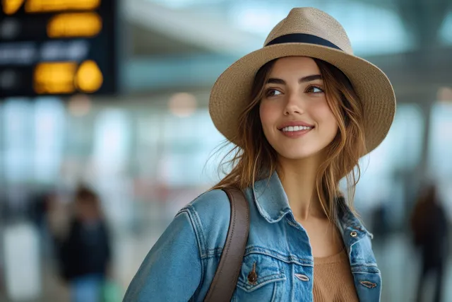 Young woman in a denim jacket and hat uses a smartphone in an airport terminal waiting area.