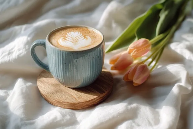 Latte in ceramic cup with heart foam art on wooden coaster beside pink tulips