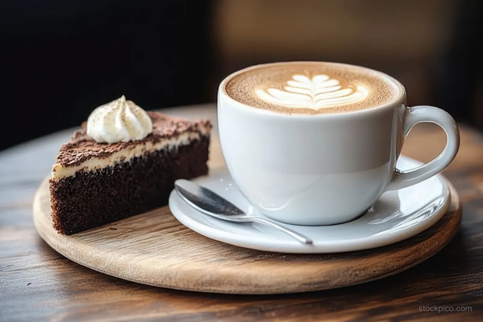 A white cappuccino cup with latte art rests on a wooden tray beside a slice of chocolate cake with whipped cream.