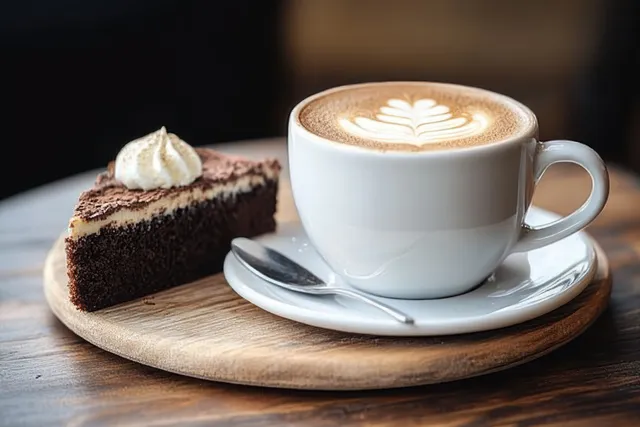 A white cappuccino cup with latte art rests on a wooden tray beside a slice of chocolate cake with whipped cream.