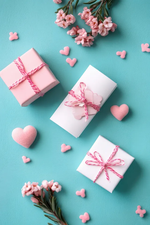 Ribbon-tied Valentine’s Day gift boxes and scattered pink hearts rest on a pastel turquoise background.