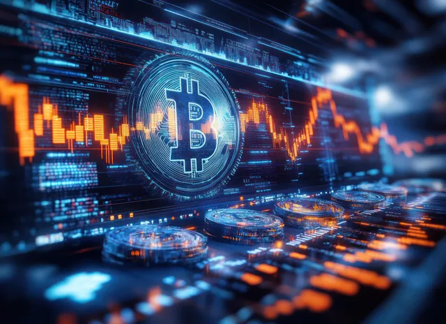 Futuristic cyberpunk scene with glowing Bitcoin coins and neon trading charts illustrating cryptocurrency growth and market momentum.