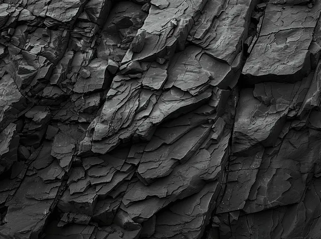 Cracked black-and-white rock cliff wall with rough stone texture and collapsed fissures close-up