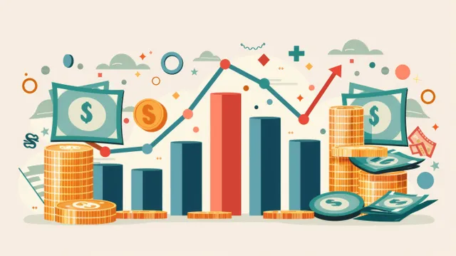 Flat vector illustration showing stacked coins, currency bills, and a rising bar chart representing financial growth concepts.
