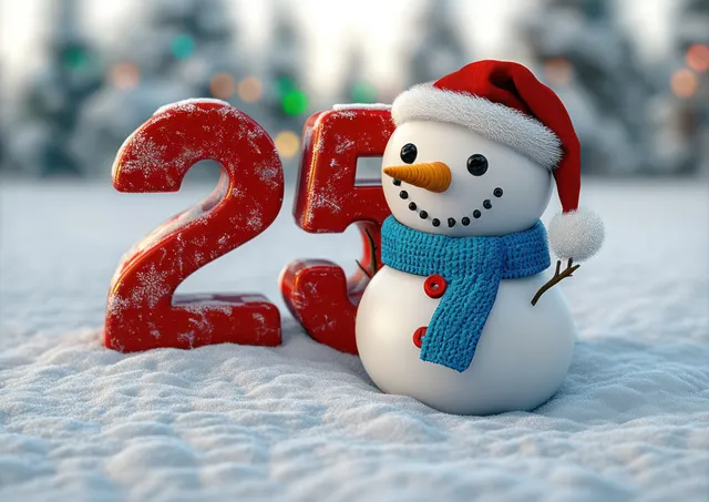 A snowman in a red hat and blue scarf sits beside a snowy red number 25.