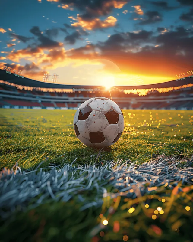A soccer ball sits on a green stadium pitch under a glowing sunset sky with stadium lights and bokeh.