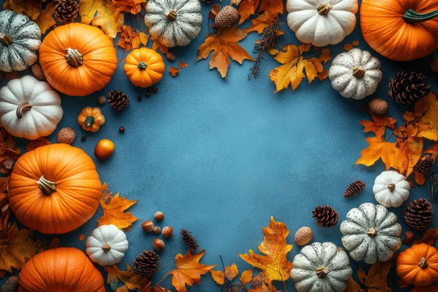 Orange pumpkins and fall leaves arranged in a flat-lay border around a teal-blue blank space.
