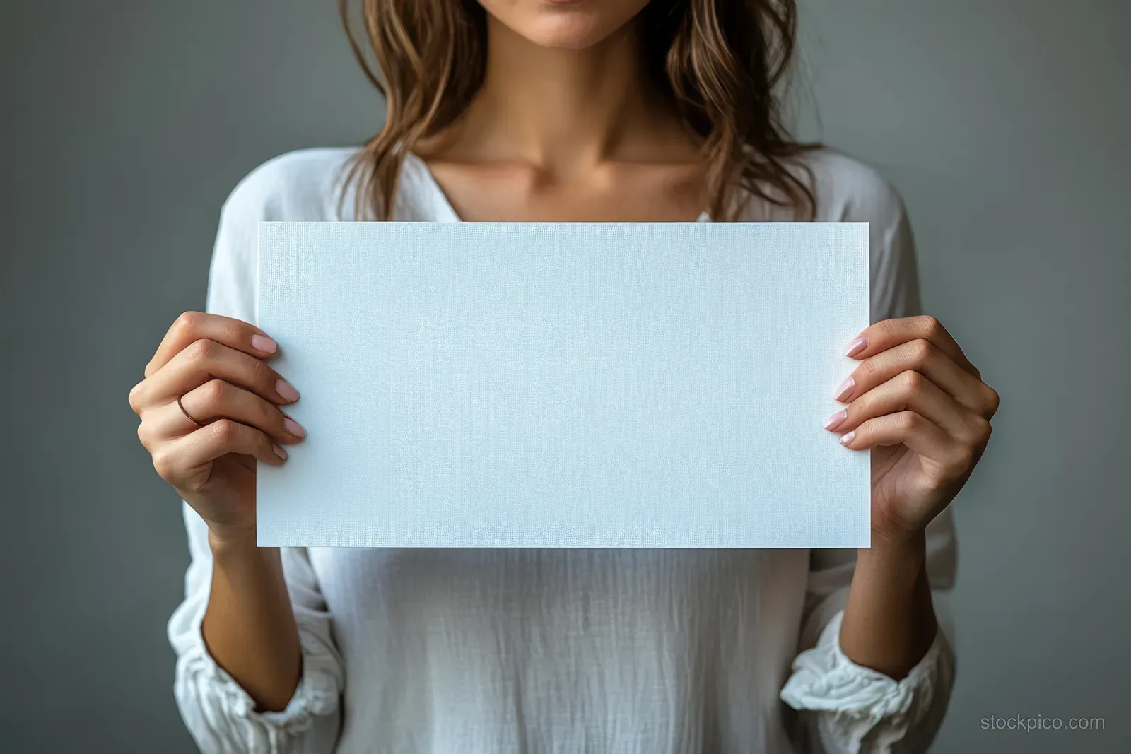 A smiling businesswoman holds a blank paper sheet in a studio portrait with a neutral background.