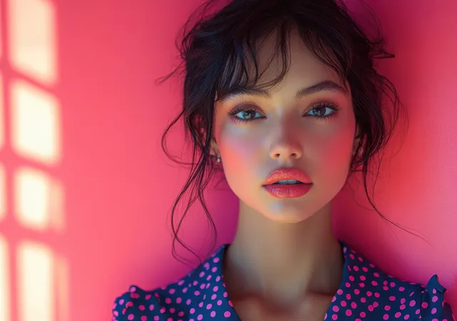 Fashion model in a polka dot outfit posing against a bright pink pop-art background with vivid makeup.
