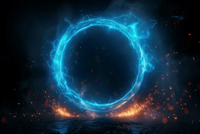 Anillo eléctrico azul brillante emite chispas y partículas flotantes sobre un fondo oscuro.