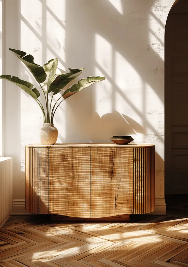 Light wood sideboard with a potted plant in a sunlit room, casting shadows on a parquet floor.