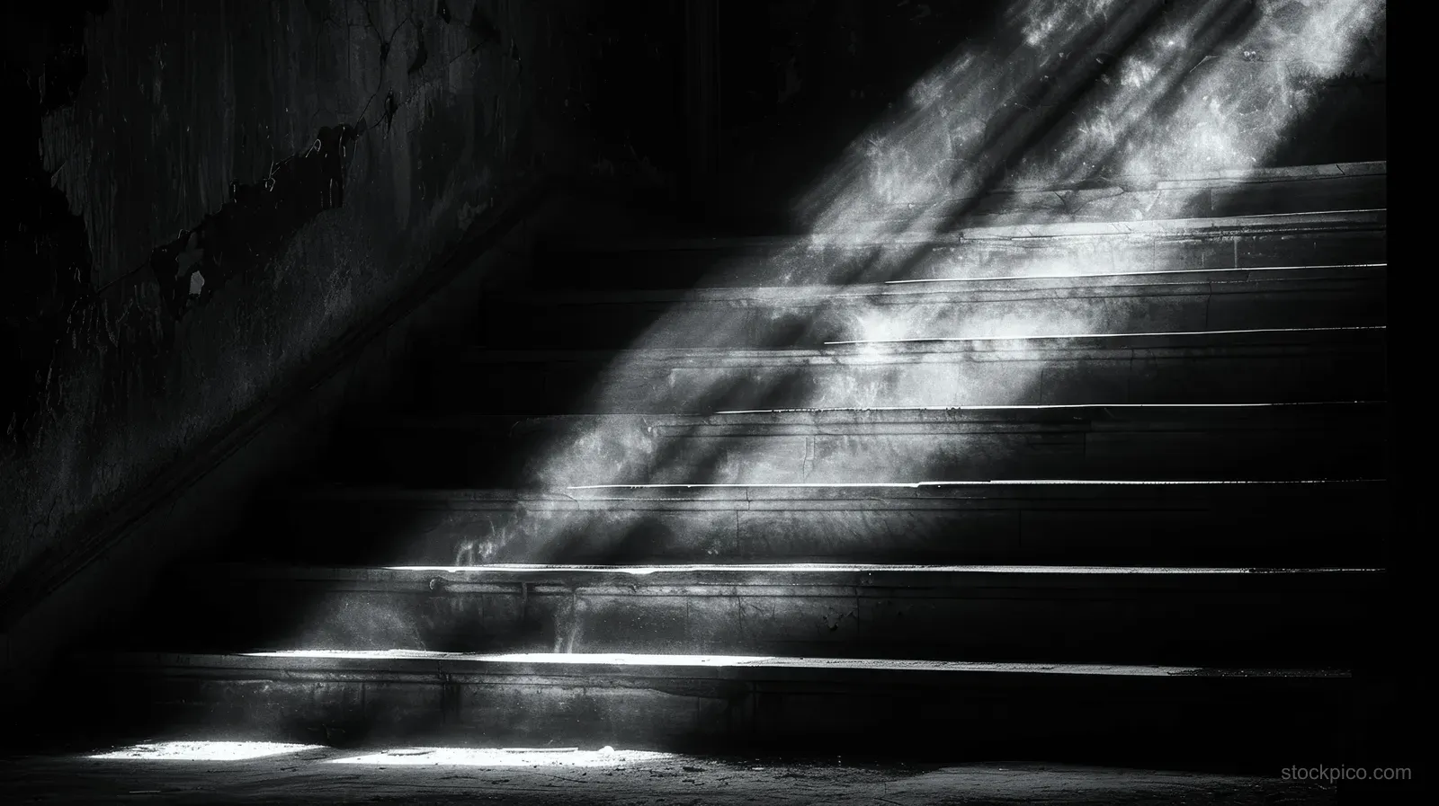 Dim staircase with diagonal sunlight rays casting long shadows on dark steps inside an old building.