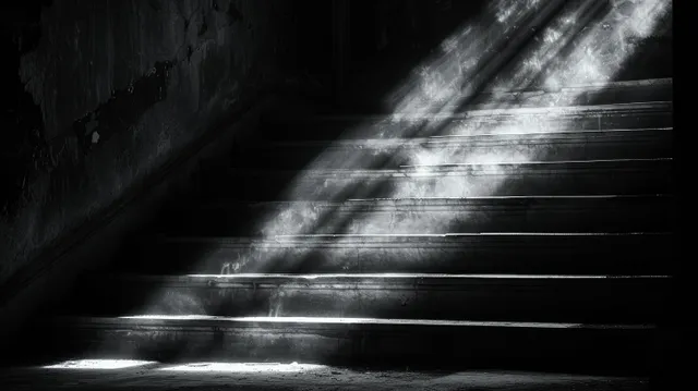 Dim staircase with diagonal sunlight rays casting long shadows on dark steps inside an old building.
