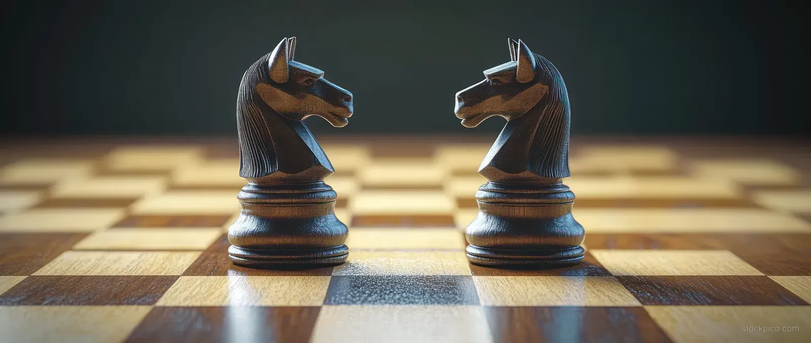 Two chess knights face each other on a wooden chessboard with dramatic shadows.