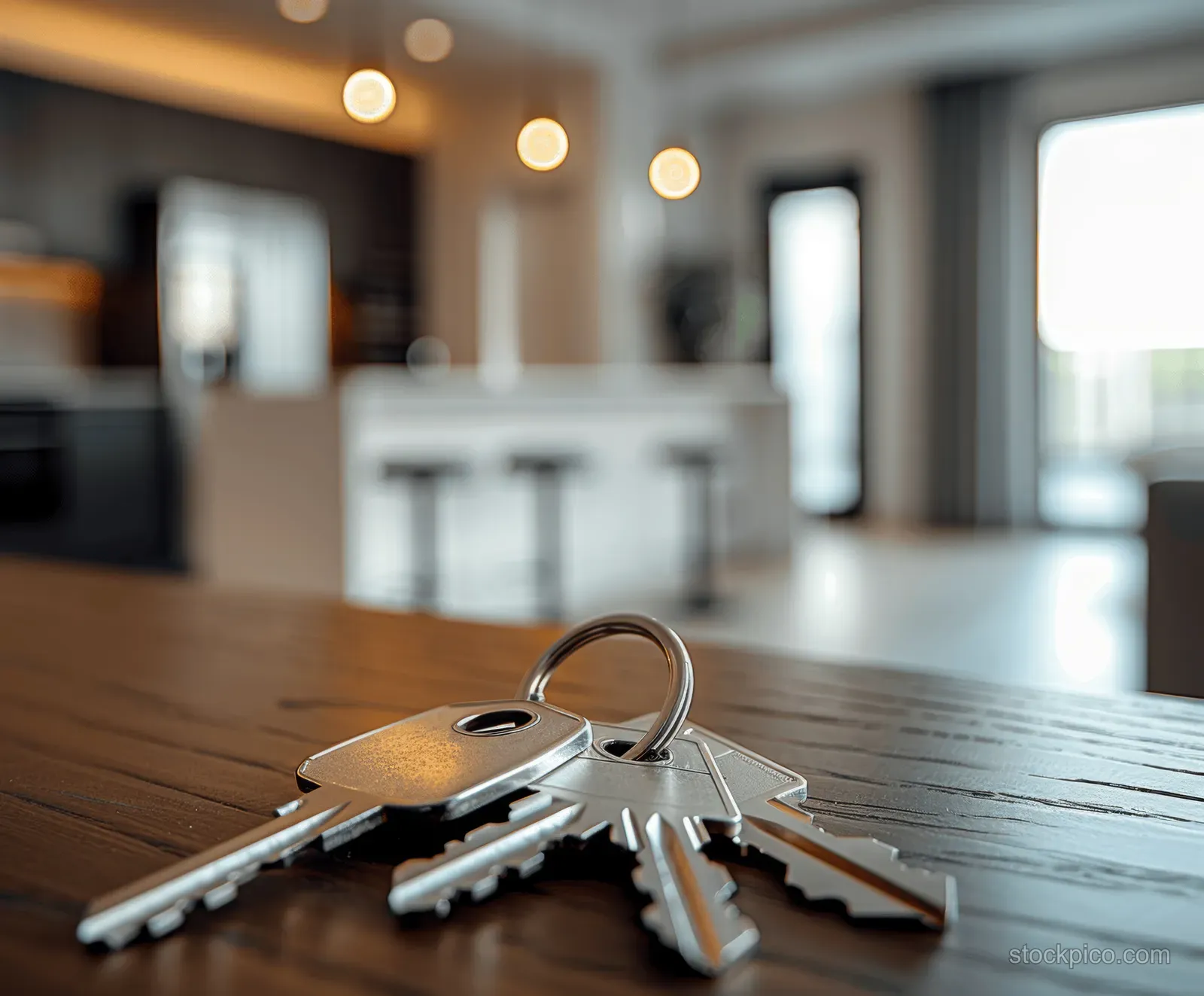 Close-up of house keys on a wooden table with a bright apartment living and kitchen background.