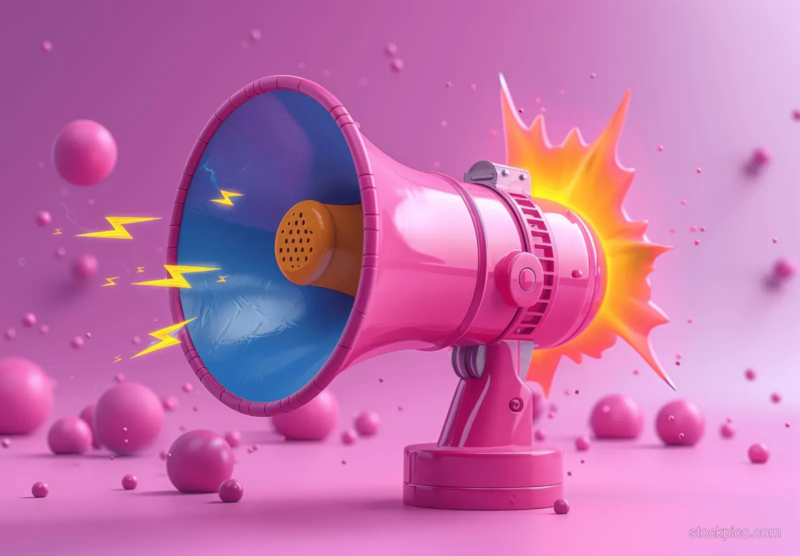A pink megaphone with lightning sparks sits in a pink 3D scene.