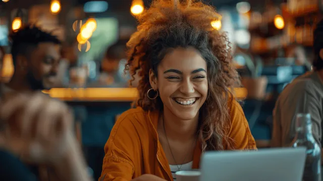 Smiling young professionals collaborating with laptops in a cozy cafe