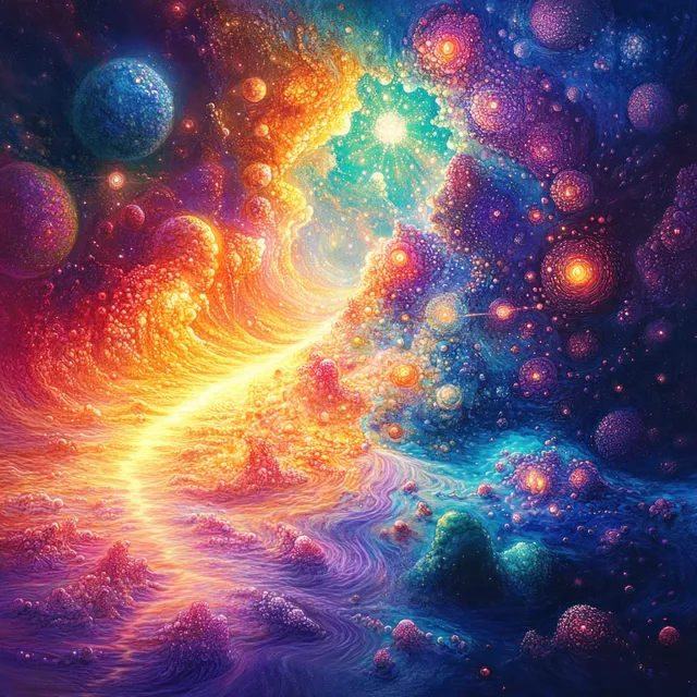 A radiant glowing star and swirling nebula illuminate floating spherical planets in vivid cosmic colors.