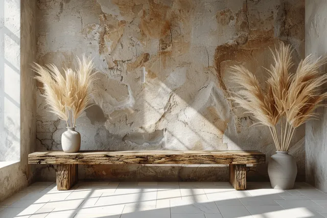 Minimalist living room corner with wooden bench, two pampas grass vases, and sunlight from a window on a grey wall.
