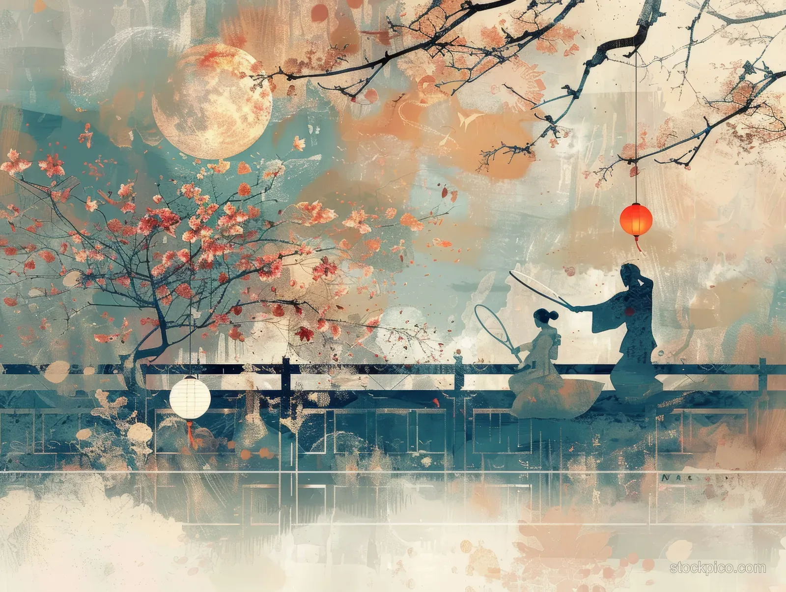 Two tennis players serve during a mixed doubles match on a Japanese court with cherry blossoms and lanterns in the background.