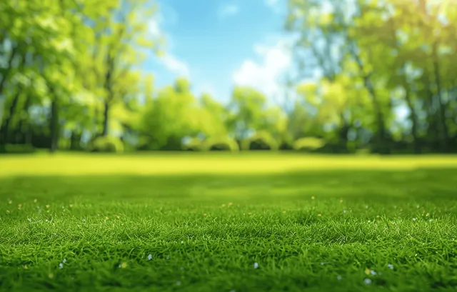 Sunlit green grass field stretches toward leafy trees under a blue sky