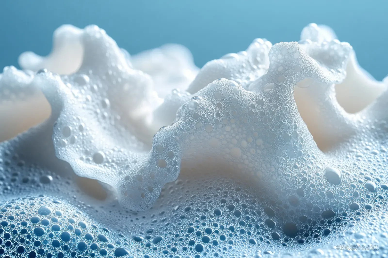 White foamy cleanser mousse swirls with many microbubbles on a blue background.