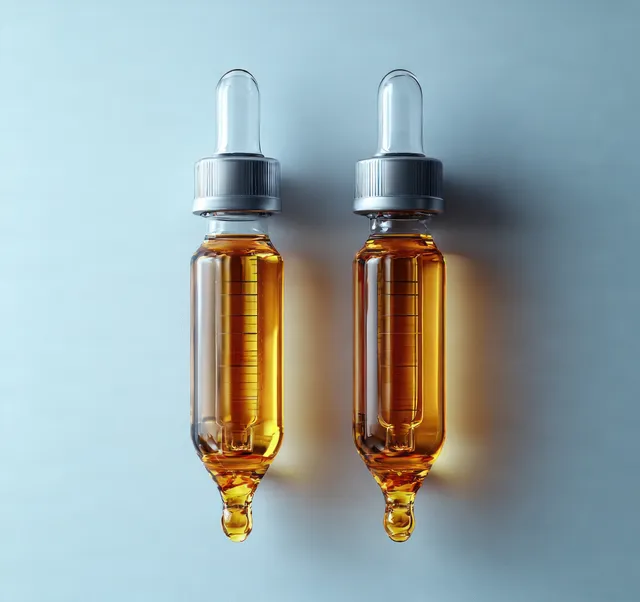 Two transparent medical ampoules filled with golden liquid against a pale studio background with sharp reflections.