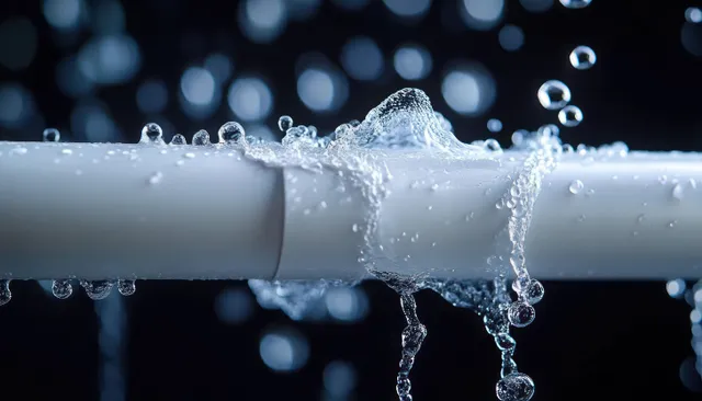 Water bursts from a PVC pipe joint with droplets splashing across a dark background.