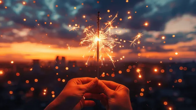 Hands holding sparklers forming a heart in the sunset sky with glowing bokeh
