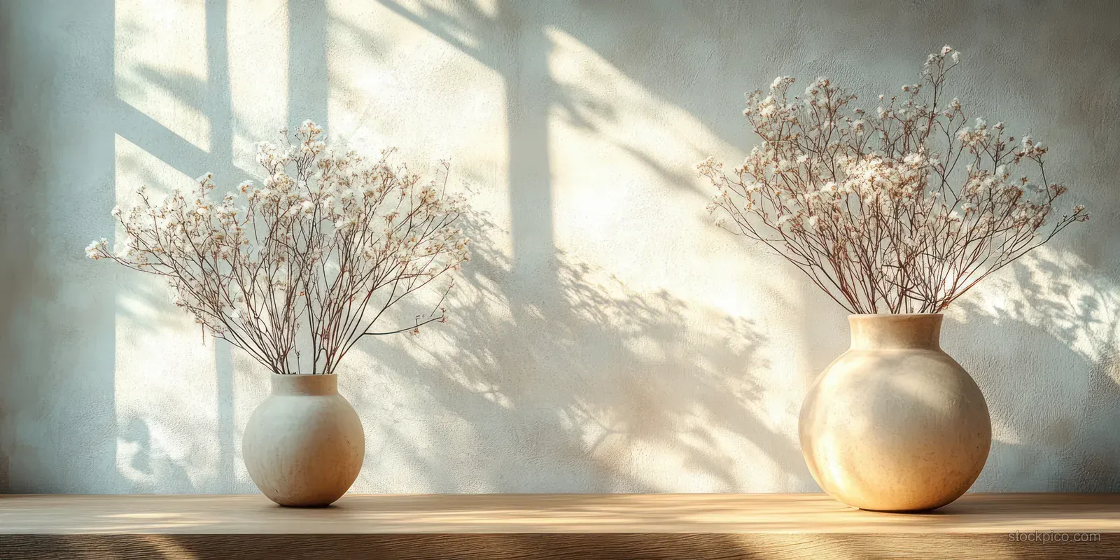 Two minimal vases on a wooden tabletop beside a bright window, with soft daylight shadows across the wall.