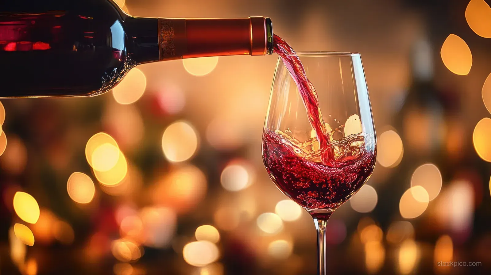 Red wine is being poured from a bottle into a wine glass with warm bokeh lights behind.
