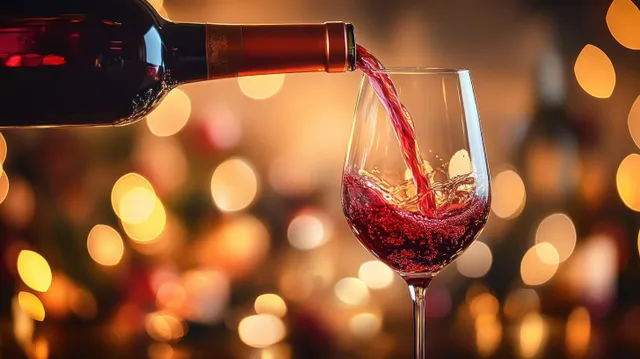 Red wine pours from a bottle into a glass against warm bokeh lights