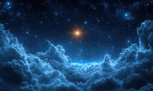 A radiant star shines above dense blue clouds over a nativity manger scene at night.