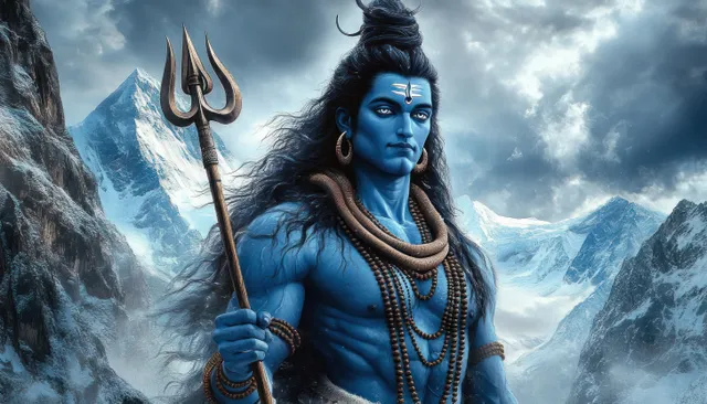 Blue-skinned deity with long hair holds a trident in front of snow-covered mountains under dark storm clouds.