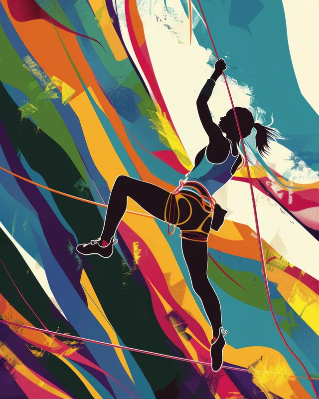 Austrian female climber ascends a colorful rock face in lead climbing action