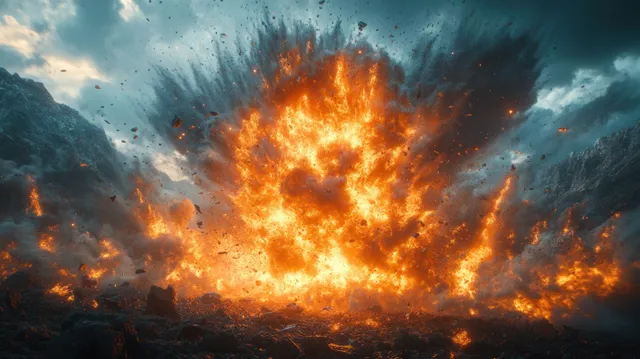 Fireball explosion erupts over jagged mountains, sending fiery debris into storm clouds