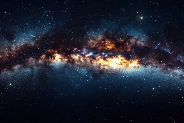 Colorful galaxy with dense clusters of glowing stars and nebula dust in blue and orange across a dark night sky.