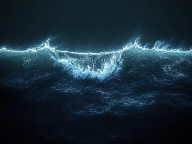 Dark ocean waves crest and crash with bright white foam and misty spray across the water surface.