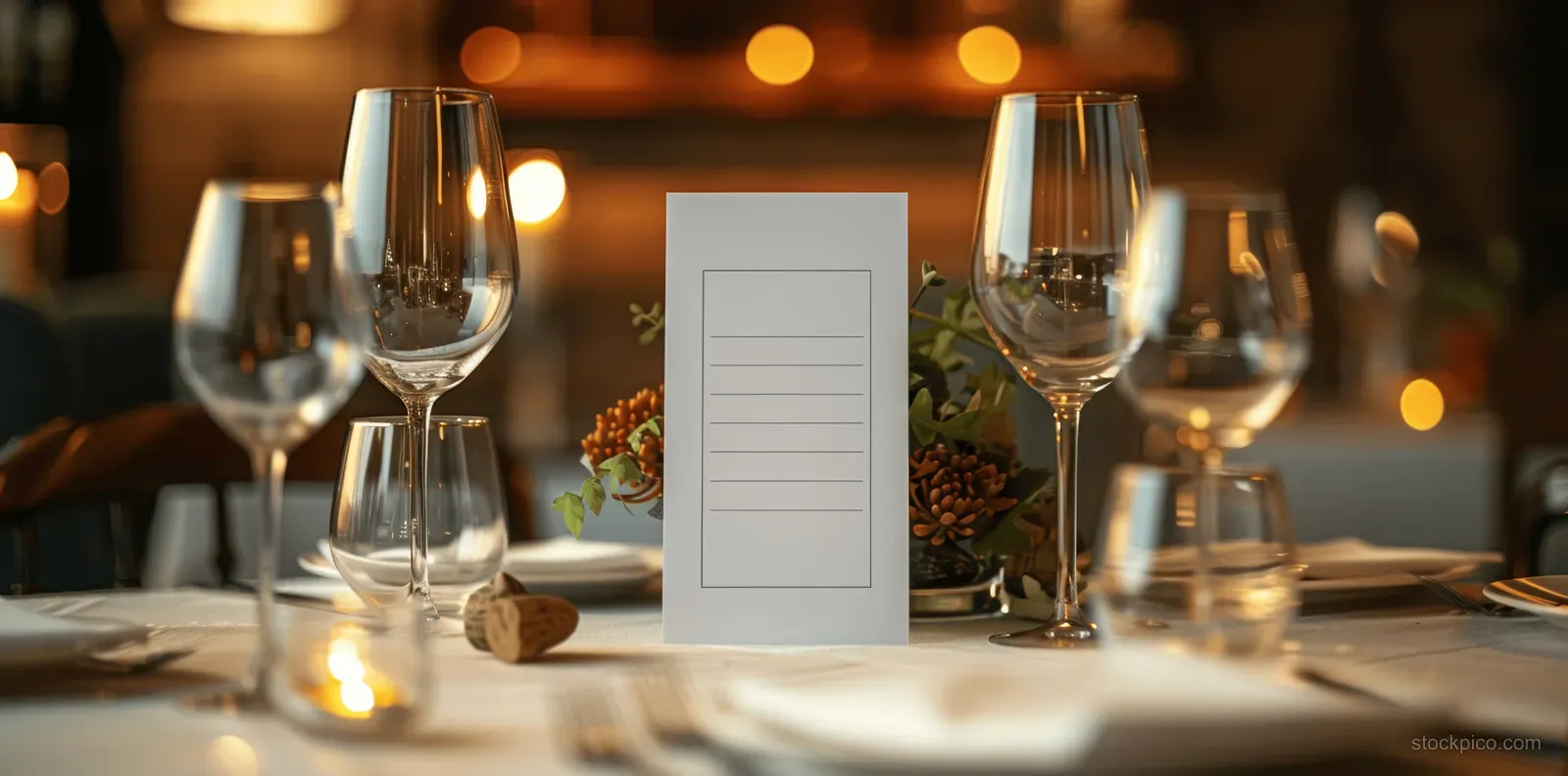 White blank menu card on a fine dining table beside wine glasses and silver cutlery under warm candles.