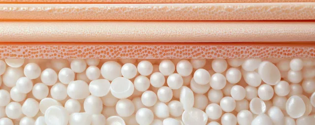 Wax beads with a wooden spatula placed on a pink background in a skincare depilation setup.