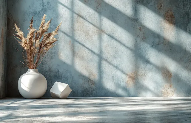 Scandinavian still life with white vase, blank canvas card, and wheat on gray wall
