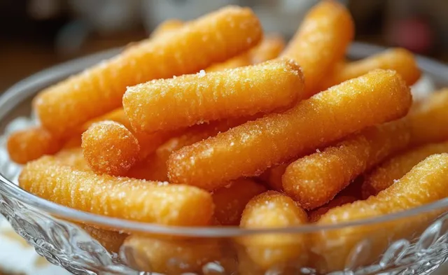 Golden crispy potato snack sticks in a glass bowl with warm light and sharp shadows