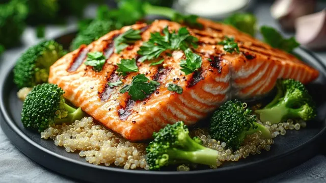 Grilled salmon fillet on quinoa with steamed broccoli and fresh parsley on a black plate.